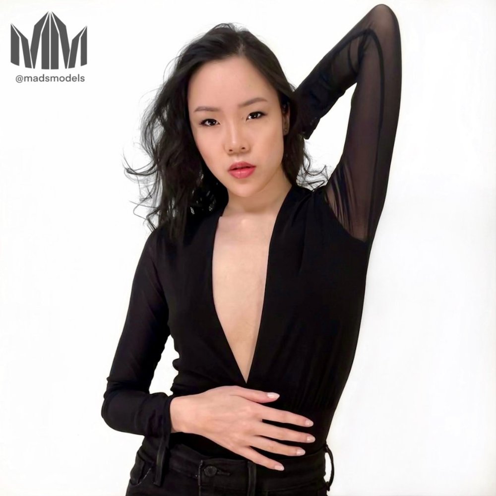 Blue Blush l Black Plunge V-neck Long Sleeve Bodysuit